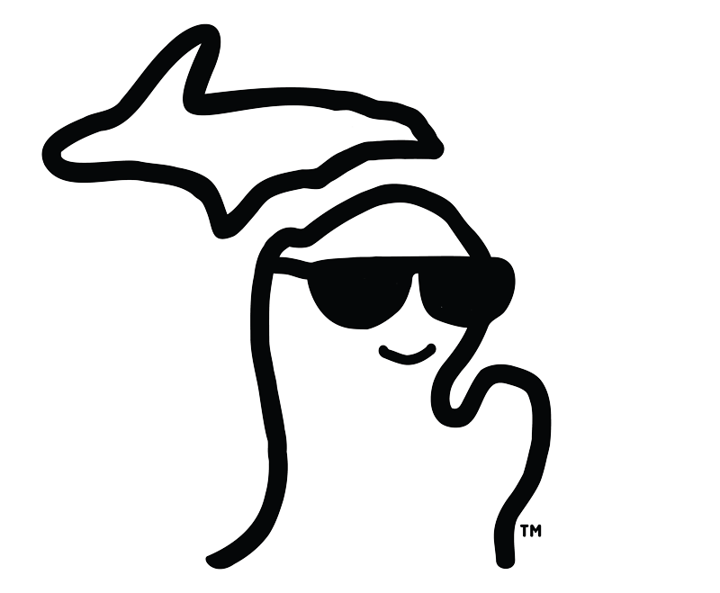 This is Mich. Michigan's Character. Mich. is a state of Michigan illustration that is wearing sunglasses, smiling and waving. Mich. is the best icon for sharing Michigan's vibe and character and is available for licensing.